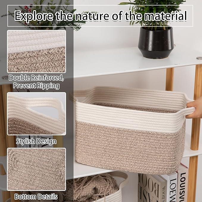 OIAHOMY 3 Pack Storage Baskets for Organizing, 13''X9.85''X8.7'' Storage Bins,Woven Basket with Handles, Toy Storage Bin,Stylish Room Decor Basket, white & Brown variegated