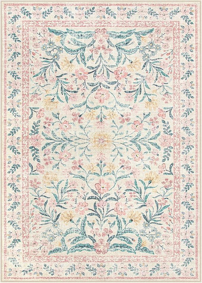 Wonnitar Machine Washable 5x7 Nursery Rug, Pink Rugs for Bedroom Girls, Boho Soft Floral Carpet Non Slip, Indoor Ultra-Thin Floor Carpet for Kid Room Living Room Dorm