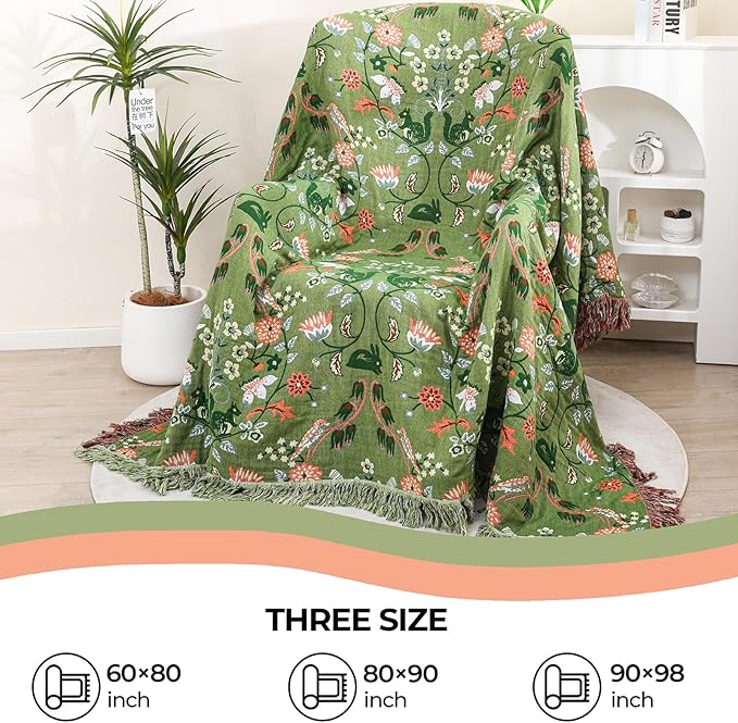 Boho Throw Blanket for Bed, 100% Cotton Ultra Soft Rustic Quilt King Blanket Florals and Animals Printed Farmhouse Decor Large Bed Blankets,90