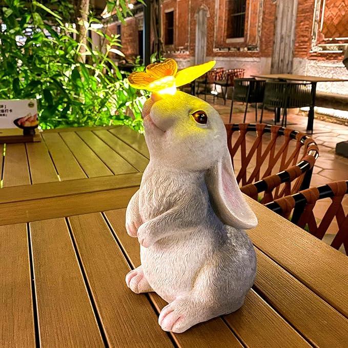 Solar Rabbit Statue Easter Bunny Decor Garden Statue for Outside, Rabbit with Butterfly Patio Sculptures Lawn Ornament, Funny Gifts for Women Mom Grandma Spring Outdoor Decor