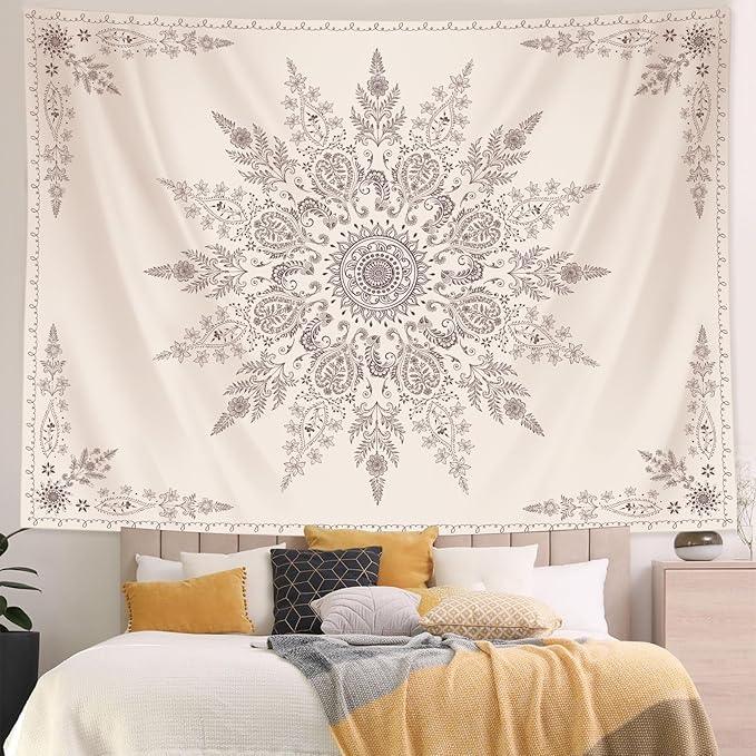 Lunerfex Boho Floral Tapestry Mandala Wall Tapestry, Cute Tapestries for Bedroom Beige Flower Tapestries Wall Hanging for Bedroom Living Room Decor Beige-2 70