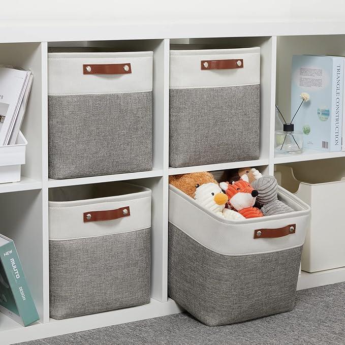 DULLEMELO [Set of 4 Storage Cubes Baskets for Organizing, 12 x 12 x 12 inch Cube Storage Organizer Bins with Leather Handles, Foldable Fabric Cloth Bins for Cube Storage(4 Pack - 12