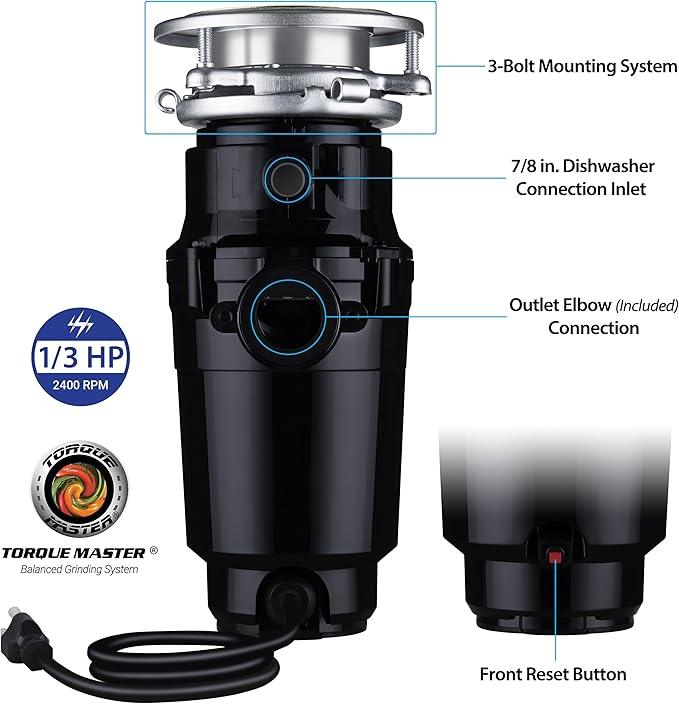 Waste Maid 10-US-WM-048-3B Garbage Disposal Anti-Jam Stainless Steel Food Waste Grinding System, 1/3 HP Compact, Black