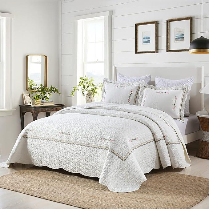 MarCielo 3-Piece 100% Cotton Oversized Bedspread Lightweight Quilt Coverlet Embroidery Farmhouse Bedding Set (Sakura White, Oversized King (118