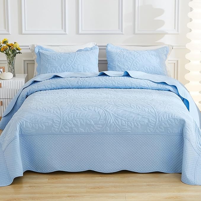 MarCielo 3-Piece 100% Cotton Oversized Bedspread Lightweight Quilt Coverlet Embroidery Farmhouse Bedding Set T0 (Light Blue, Oversized King (118