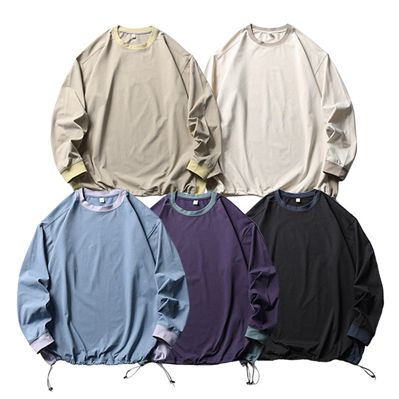Trendy American Style Loose Long Sleeve T-Shirt for Men and Women, Breathable Quick-Dry Sun Protection with Drawstring Hem Round Neck Top
