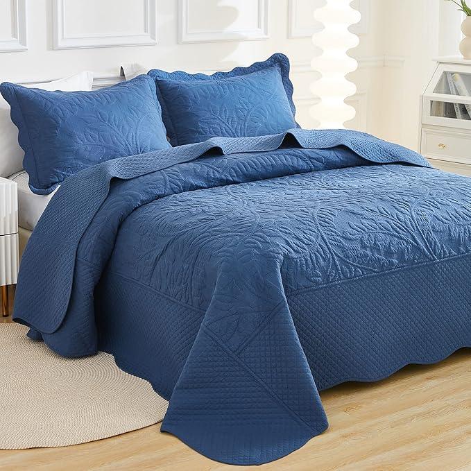 MarCielo 3-Piece 100% Cotton Oversized Bedspread Lightweight Quilt Coverlet Embroidery Farmhouse Bedding Set T0 (Midtone Blue, Oversized King (118