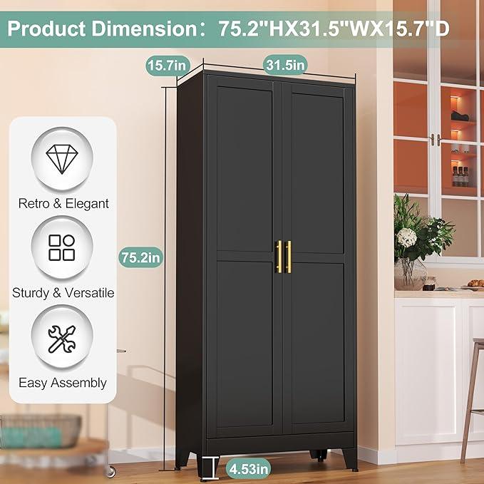 Metal Pantry Cabinet with 2 Doors and 5 Adjustable Shelves, 75
