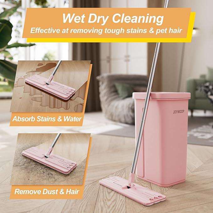 JOYMOOP Pink Mop and Bucket with Wringer Set for Home, with 3 Reusable Microfiber Mop Pads, Hands-Free Self-Cleaning System, Suitable for Floor Cleaning and Wall Cleaner