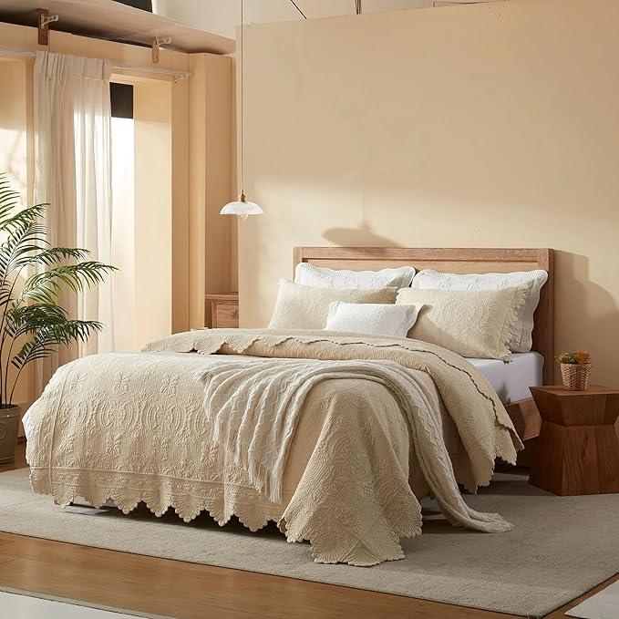MarCielo 3-Piece 100% Cotton Oversized Bedspread Lightweight Quilt Coverlet Embroidery Farmhouse Bedding Set(TL Beige,Oversized Queen (100