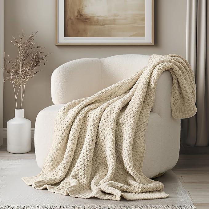 Chunky Chenille Knit Throw Blanket for Couch, Soft Luxurious Moss Stitch Blankets for Bed, Cozy Decorative Farmhouse Knitted Throws for Sofa, Beige, 60