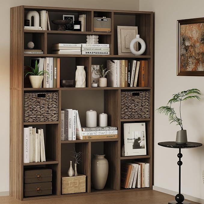 71” Tall Wooden Bookcase 6-Tier Large Bookshelves with 2 Woven Baskets, 55