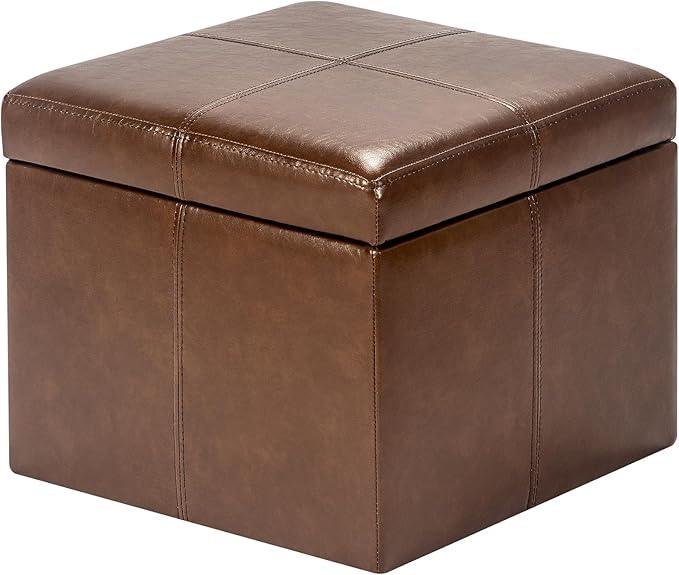 Adeco Storage Ottoman Foot Rest Stool, Leather Ottoman Footstool with Hinged Lid, 17