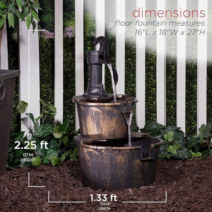 Alpine Corporation 2-Tiered Barrel and Pump Water Fountain – Bronze Finish, Relaxing Water Flow, Ideal for Garden, Patio, & Yard Décor, 27