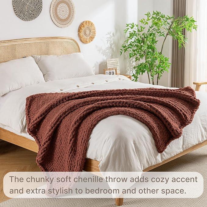 Chunky Knit Blanket Throw, 100% Hand Knit Throw Blanket Handmade Chenille Cable Knit Throw for Couch, Stylish Cozy Soft Rope Knot Crochet Blanket for Home Decor, Copper Brown, 40x50 Inches