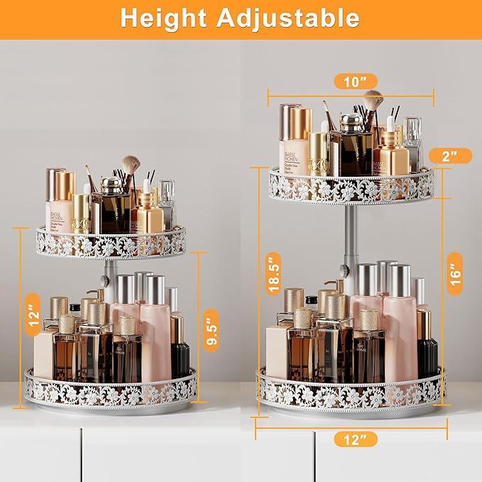2 Tier Lazy Susan Organizer Turntable Adjustable,12 Inch Two Tier Lazy Susan Metal Easy Assembly Cleaning, Rotating Spice Rack Organizer for Cabinet Dining Table Kitchen Countertop White