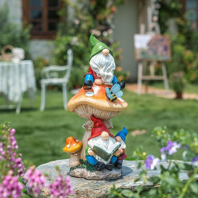 TERESA'S COLLECTIONS Garden Gnomes Statues Decorations for Yard with Solar Lights, Resin Sculptures& Statues on Mushroom Reading Garden Outdoor for Patio Lawn Ornaments,Ideal Gifts for Mom, 12.6