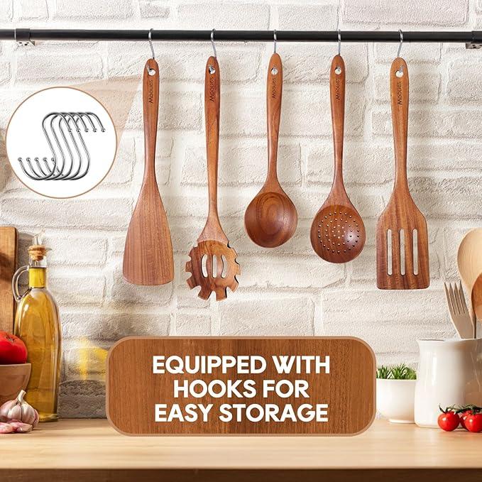 Wooden Spoons for Cooking, 10PCS Teak Wood Cookware Utensil Set with Hooks - Smooth Finish, Non-Stick, Comfortable Grip, Heat Resistant Kitchen Utensils