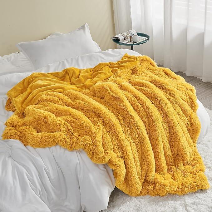 GONAAP Fuzzy Faux Fur Throw Blanket Twin Size Mustard Yellow Super Soft Cozy Plush Fuzzy Shaggy Blanket for Couch Sofa Bed (Mustard Yellow, Twin(60