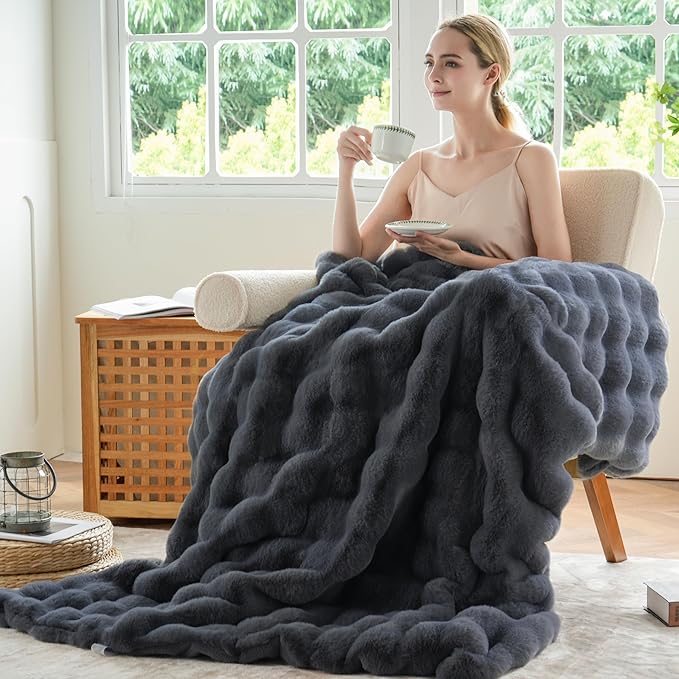 BENVWE Faux Fur Throw Blanket for Couch Bed - Fluffy Soft Thick Bubble Blanket for Living Room Home Decor - Fathers Day Birthday Gifts for Women Men, Grey, 63