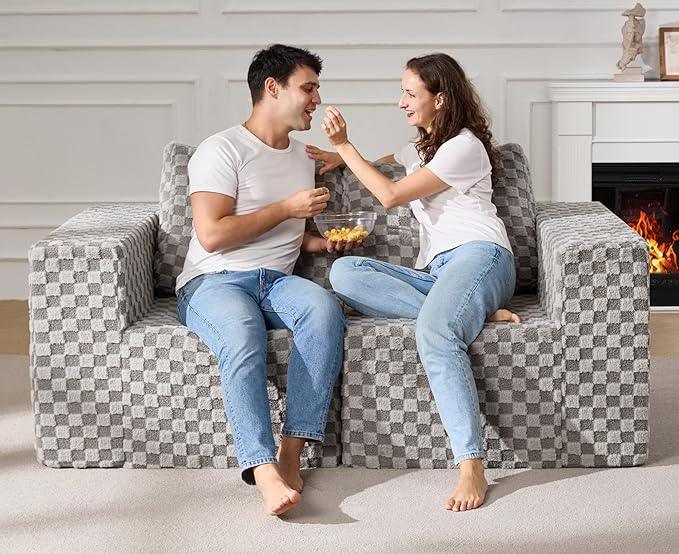 Modular Sectional Sofa 2 Seater Loveseat Modular Couch with Deep Seat Memory Foam Cloud Chair with Pillows Oversized Sectional Sofa for Living Room Bedroom (Plush Grey, Loveseat)