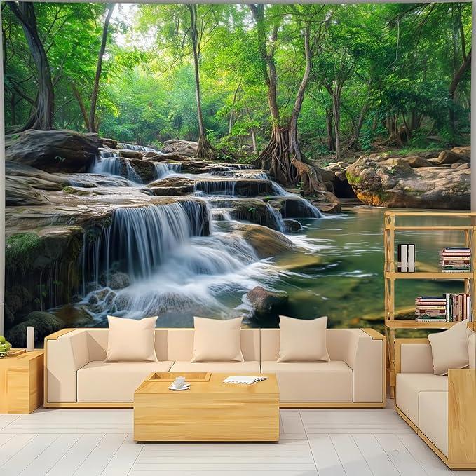 BSFHH Nature Tapestry Forest Tree Sea Cave Wall Hanging, Stream Through Rainforest Landscape Wall Art Tapestry for Bedroom Living room (Creek, 90