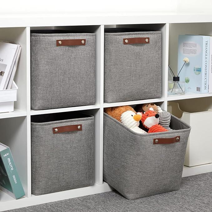 DULLEMELO 12 inch Cube Storage Bins, Large Collapsible Grey Storage Baskets for Square Cubes Organizing, Fabric Boxes Bins for Shelves Nursery Home Office Storage(4 Pack - 12