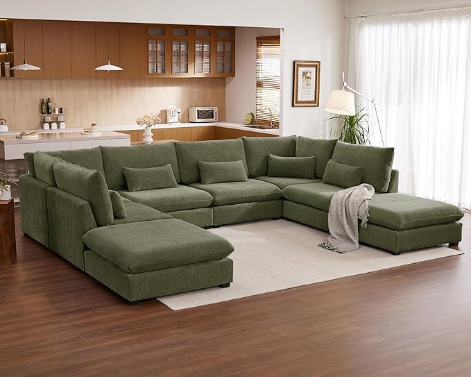 Oversized Modular Sofa, Extra Deep Cloud Corduroy Sectional Couch with Ottoman Chaise, Fluffy Chenille L-Shaped Sofas for Living Room, Villa (Sofa Bed 8 Seater, Chenille Green)