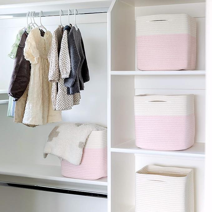 NaturalCozy Storage Cubes 11 Inch Cotton Rope Woven Baskets for Organizing, 3-Pack | Cube Storage Bin | Square Storage Baskets for Shelves Organizer, Classroom, Kids Toy Bins, Closet, Baby Nursery