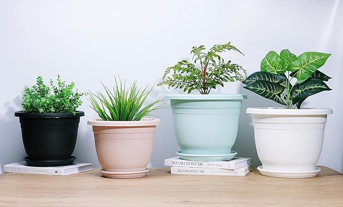 5 Packs 10 inch Plant Pots + Saucer, Planters for Indoor & Outdoor Plants with Drainage Holes | Plastic Flower Pots, Large Planter (Black, 10 inch)