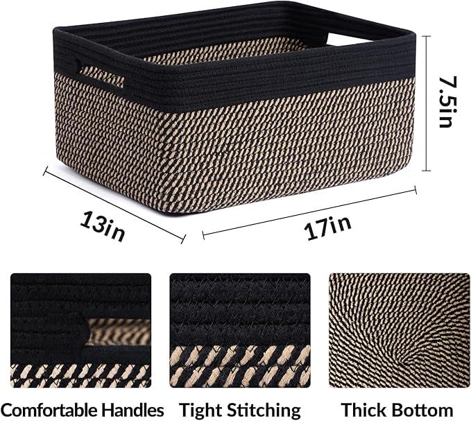 Large Storage Baskets for Shelves, Closet Organizers Bins for Clothes Blanket Towels, Baby Nursery, Toy Baskets Box, Woven Rope Baskets, 17 x 13 x 7.5”, 3 Packs Woven Brown