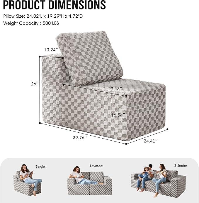 Single Sofa 1 Seat Couch with Deep Seat Memory Foam Cloud Chair with Pillows Large Sofa with L Shape for Living Room Bedroom (Plush Grey, Single)