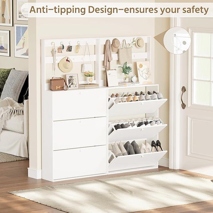 Shoe Cabinet with 3 Flip Drawers, Narrow Shoe Cabinet with 9 Hooks Coat Rack, Freestanding Shoes Storage Cabinets with Adjustable Shelves for Entryway, Hallway, Living Room, White