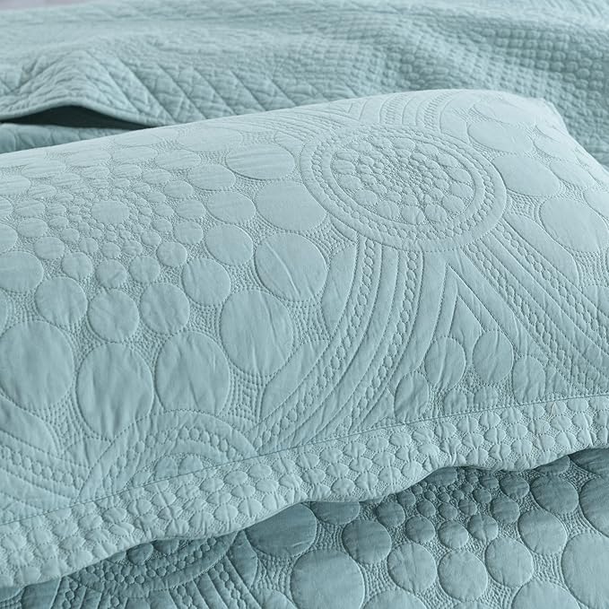 MarCielo 3-Piece 100% Cotton Oversized Bedspread Lightweight Quilt Coverlet Embroidery Farmhouse Bedding (Tf Aruba Blue, Oversized King (118