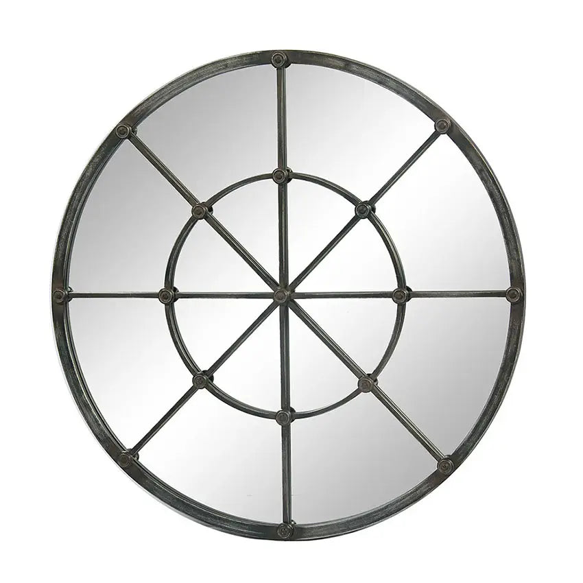 Distressed Round Cast Iron Mirror with Rosettes