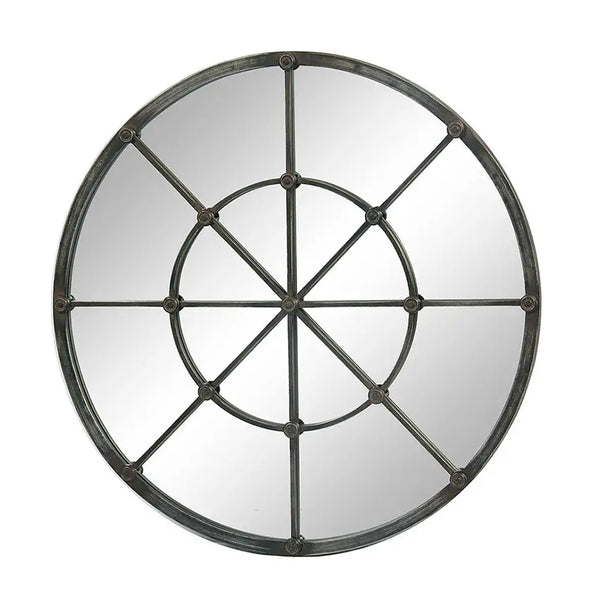 Distressed Round Cast Iron Mirror with Rosettes