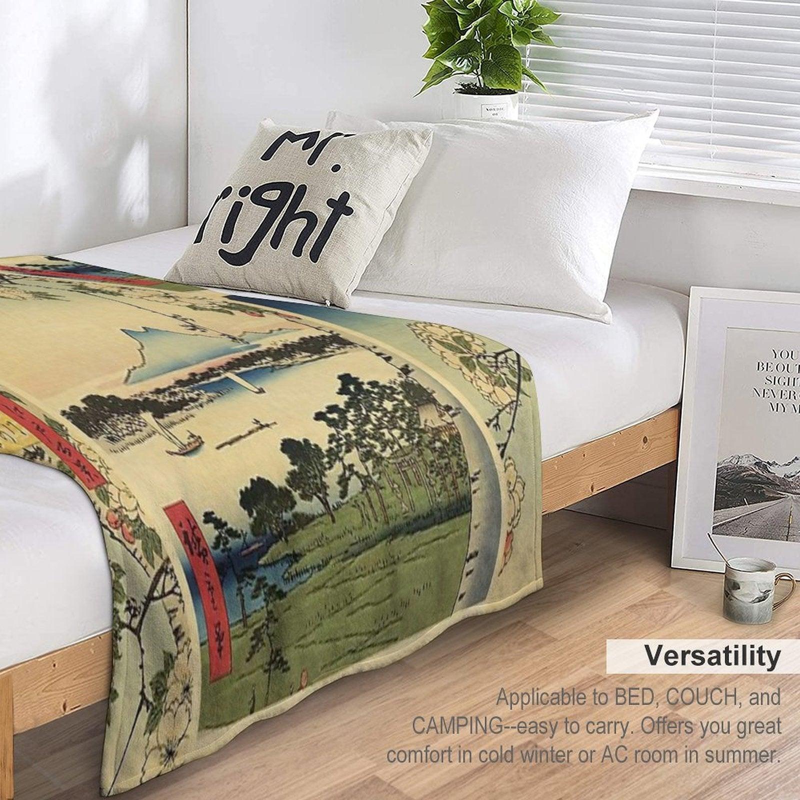 Japanese Print with A Lake And Mountains Throw Blanket