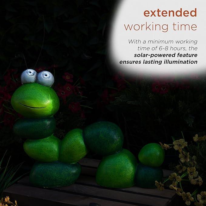 Alpine Corporation YEN608SLR Caterpillar Statue with Light Up Eyes, Solar Powered LED Caterpillar Garden Statue, 16