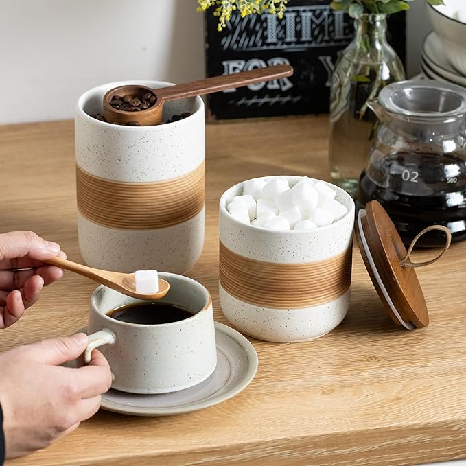 Ceramic Jar with Lid, Coffee Container Kitchen Food Storage Jars for Spice Sugar Tea Bag, Stackable Decorative Jars for Countertop, White & 18oz