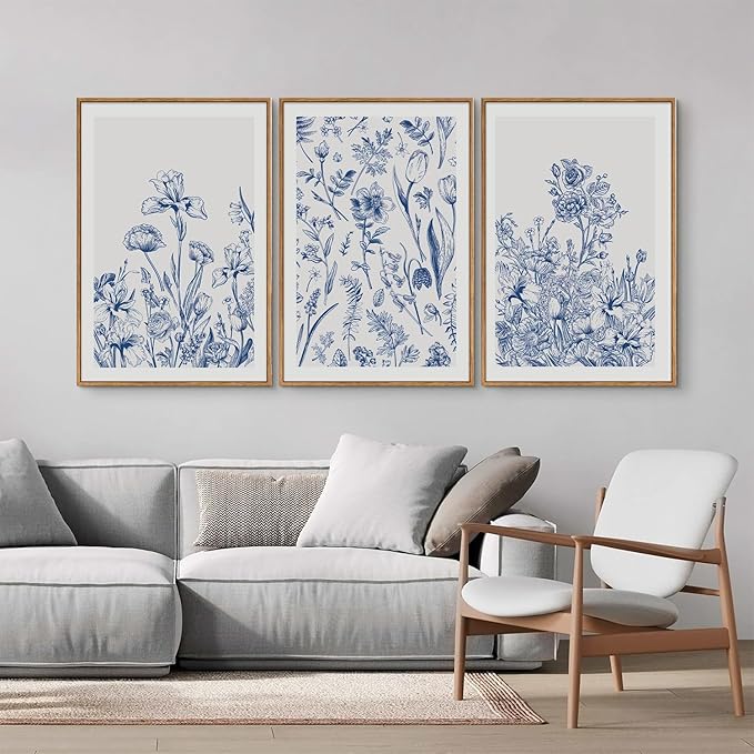 SIGNINART Classic Chinoiserie Framed Canvas Wall Art Set, Blue and White Floral Art Painting, Minimalist Botanical Flower Artwork, Navy Blue Wall Decor for Bedroom, Living Room, Office 16