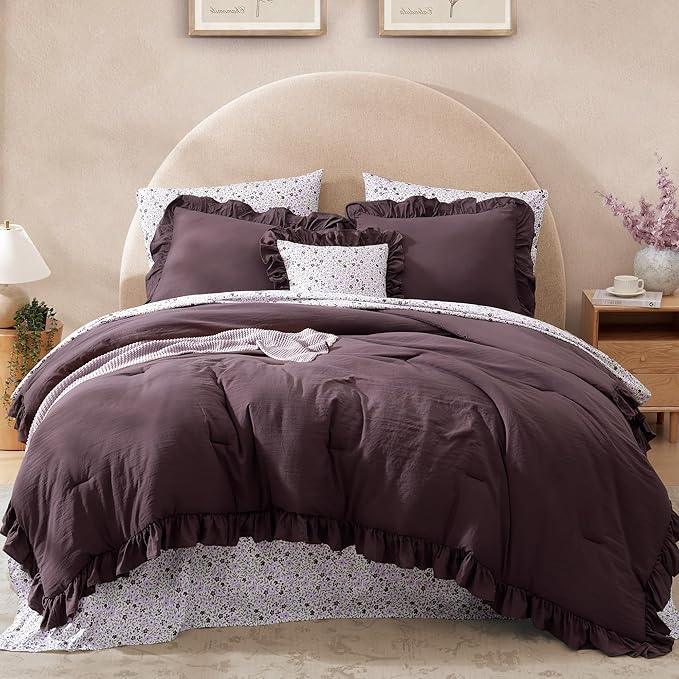 King Comforter Set - 7 Pieces Ruffle Purple Bedding Sets, Shabby Chic Farmhouse Bed in a Bag King with Ruffle Comforter, Floral Sheets, Pillowcases & Shams