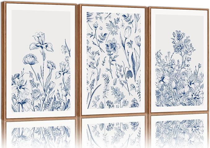 SIGNINART Classic Chinoiserie Framed Canvas Wall Art Set, Blue and White Floral Art Painting, Minimalist Botanical Flower Artwork, Navy Blue Wall Decor for Bedroom, Living Room, Office 16