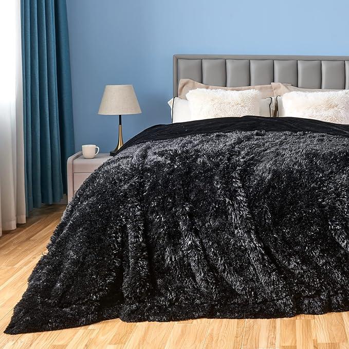 GONAAP Fuzzy Faux Fur Throw Blanket Queen Size Black Super Soft Cozy Plush Fuzzy Shaggy Blanket for Couch Sofa Bed (Black, Queen(90