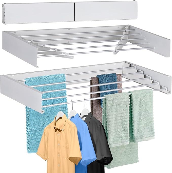 FOCHIER F Laundry Drying Rack Wall Mounted Clothes Drying Rack Collapsible with 5 Aluminum Rods and Drilling Template Long Screwdriver Bit 60 lbs Capacity (White, 31.5