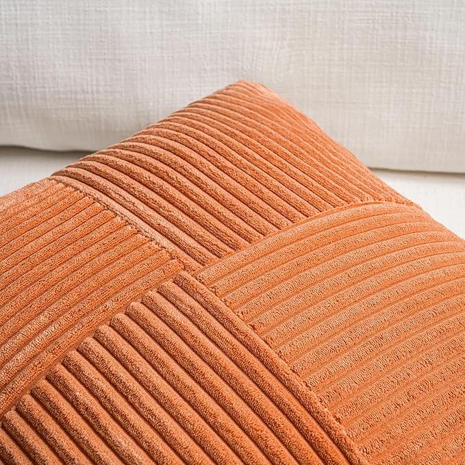 Fancy Homi 2 Packs Burnt Orange Lumbar Decorative Throw Pillow Covers 14x24 Inch for Couch Bed Sofa, Farmhouse Boho Home Decor, Soft Striped Corduroy Rectangle Accent Cushion Case 35x60 cm