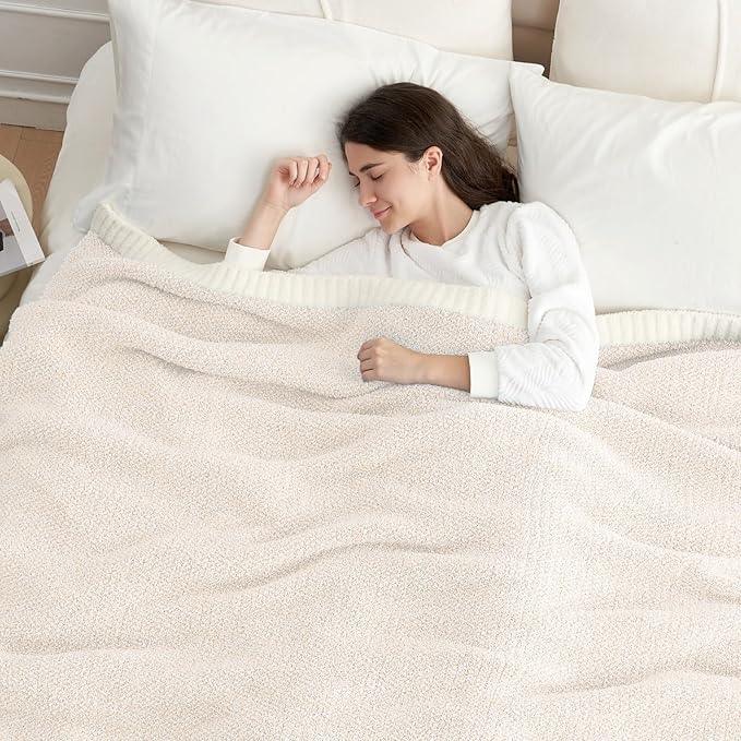Snuggle Sac Queen Size Oversized Super Soft Bed Blanket - Warm & Cozy Knit Fuzzy Microfiber Blankets in Heather Ivory, 90 x 90