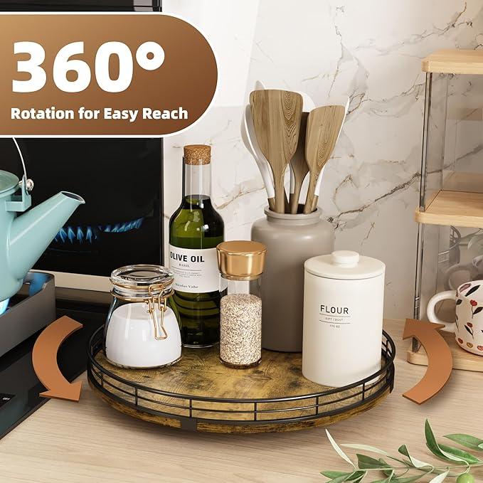 Lazy Susan Turntable Organizer for Table Top, 12’’ Round Wooden Lazy Susan for Cabinet Kitchen Countertop Pantry Dining Coffee Table for Condiments Spices, Rustic Bathroom Vanity Tray for Soap Candle