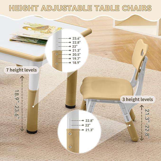 Kids Study Table and Chairs Set, Height Adjustable Toddler Table and Chair Set for Kids Ages 3-8, Graffiti Desktop (Light Brown)