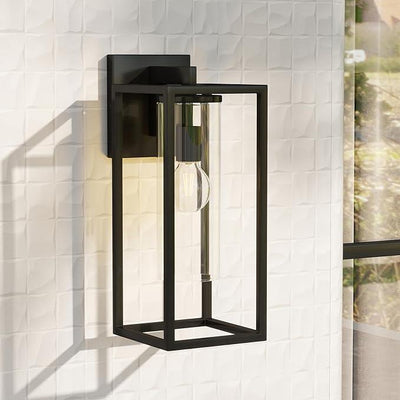 15.7 Inch Outdoor Wall Lights, Outdoor Wall Lantern with Circular Clear Glass Shade, Waterproof Exterior Lighting Fixtures, Modern Front Porch Lighting for House, Garage, E26 Base, ETL Listed, Black