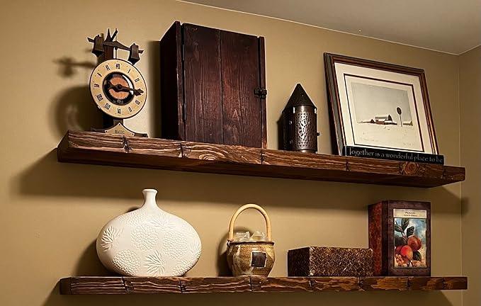 joelsantiques Floating Shelf, Wood Wall Shelf, Natural Wooden Home Decor for Bathroom Kitchen Bedroom, Hanging Mounted Invisible Bracket (Medium Brown, 7